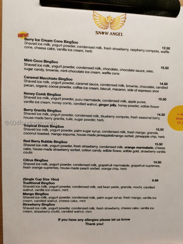 Snow Angel Cafe Menu