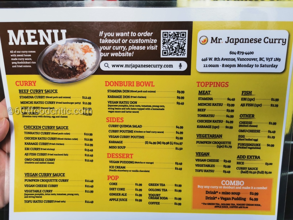 Mr Japanese Curry menu