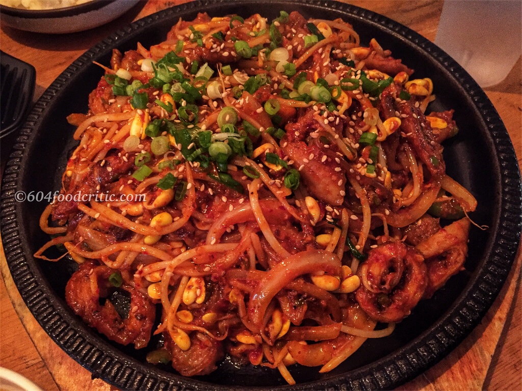 Bukjang Korean Cuisine in Coquitlam Stir-Fried Pork Intestine with mild sauce on hot plate