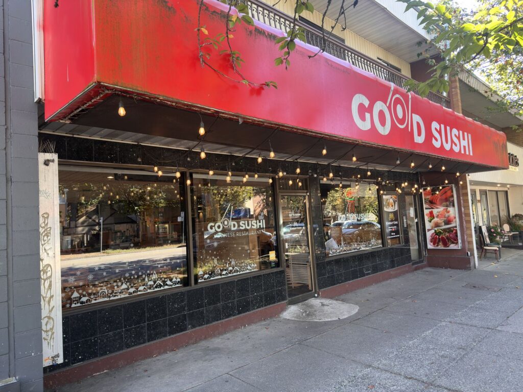 Good Sushi storefront on Fraser Street, red awning