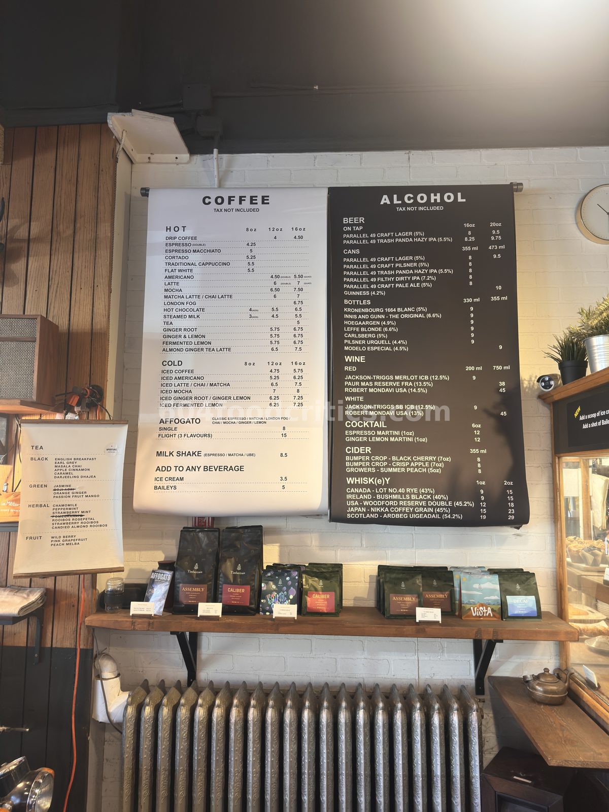 Coffee and drinks menus at Aperture Coffee Bar