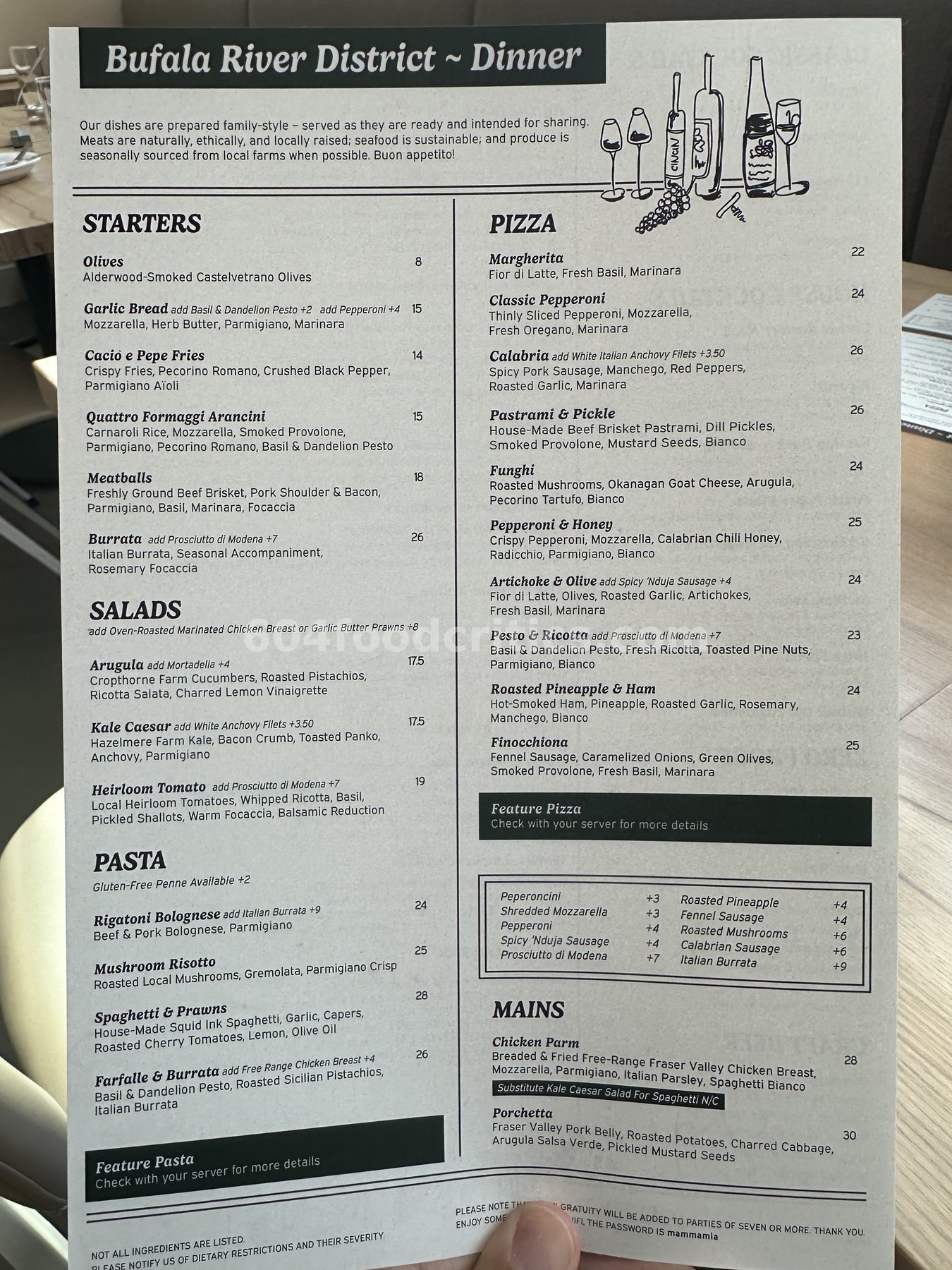 The dinner menu: starters, salads, pastas, pizzas and mains